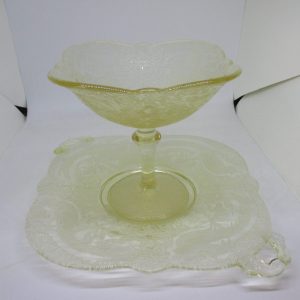 Depression Nora Bird Yellow Compote & Handled Platter MINT Cottage Farmhouse Elegant Home Decor Collectible display tv movie prop Glassware