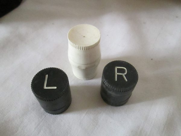 Early 1900's 2 pair of glass contacts in L&R containers with extra early plastic holder Glass Lens Contact Collectible Optical