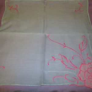 Fancy Pink Rose applique and embroidery Handkerchief cotton hankie 14" x 14"