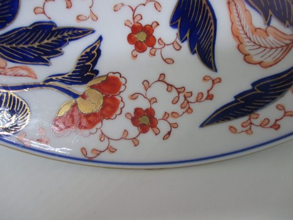 Japanese Imari Large Platter Tray Plate Red Blue Heavy Gold Floral 12 1/4" across wil Hang Painted blue pattern on back Collectible display