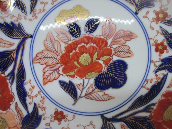 Japanese Imari Large Platter Tray Plate Red Blue Heavy Gold Floral 12 1/4" across wil Hang Painted blue pattern on back Collectible display