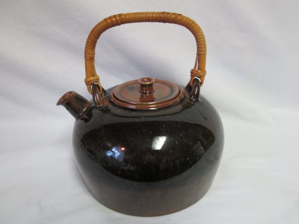 Mid Century Modern Pottery Teapot Dansk Brand Umber Brown Black Sleek Atomic Retro with bamboo handle Mint Condition