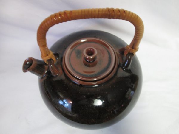 Mid Century Modern Pottery Teapot Dansk Brand Umber Brown Black Sleek Atomic Retro with bamboo handle Mint Condition