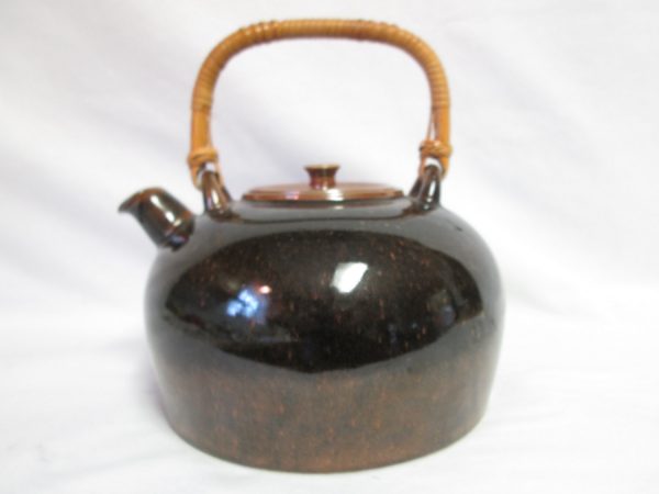 Mid Century Modern Pottery Teapot Dansk Brand Umber Brown Black Sleek Atomic Retro with bamboo handle Mint Condition