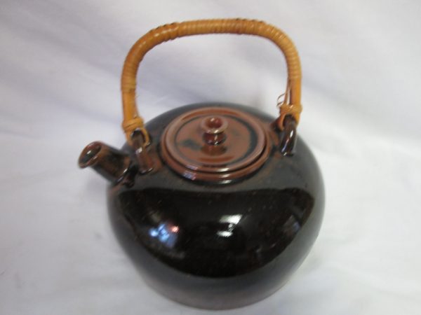 Mid Century Modern Pottery Teapot Dansk Brand Umber Brown Black Sleek Atomic Retro with bamboo handle Mint Condition