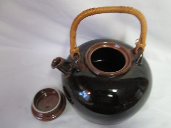 Mid Century Modern Pottery Teapot Dansk Brand Umber Brown Black Sleek Atomic Retro with bamboo handle Mint Condition