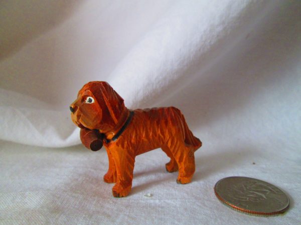 Miniature Vintage Carved Wooden dog figurine Saint Bernard Detailed Painted Eyes Collar with Barrel under neck Hand Carved