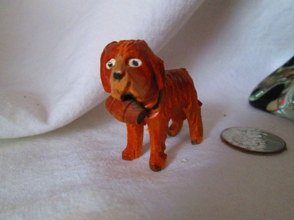 Miniature Vintage Carved Wooden dog figurine Saint Bernard Detailed Painted Eyes Collar with Barrel under neck Hand Carved