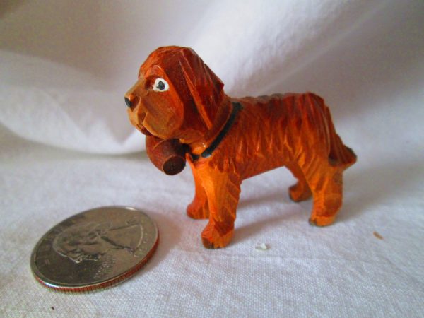 Miniature Vintage Carved Wooden dog figurine Saint Bernard Detailed Painted Eyes Collar with Barrel under neck Hand Carved