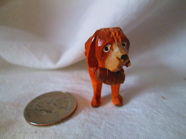 Miniature Vintage Carved Wooden dog figurine Saint Bernard Detailed Painted Eyes Collar with Barrel under neck Hand Carved