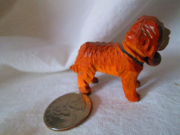 Miniature Vintage Carved Wooden dog figurine Saint Bernard Detailed Painted Eyes Collar with Barrel under neck Hand Carved