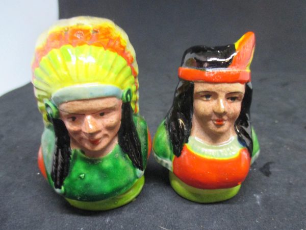 Native American Indian Porcelain Salt & Pepper Shakers decor collectible display tableware dinning kitchen cottage 1950's farmhouse