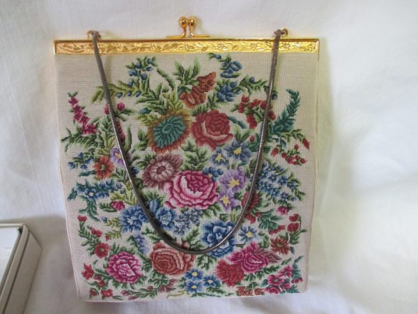New Old Stock Tapestry Purse Hand bag ivoery gold trim Petit-Point stitched Handbag tiny stitching floral on all sides and bottom WWII era