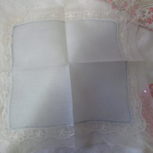 Pale blue cotton handkerchief hanky with double lace boarder cottage decor shabby chic collectible