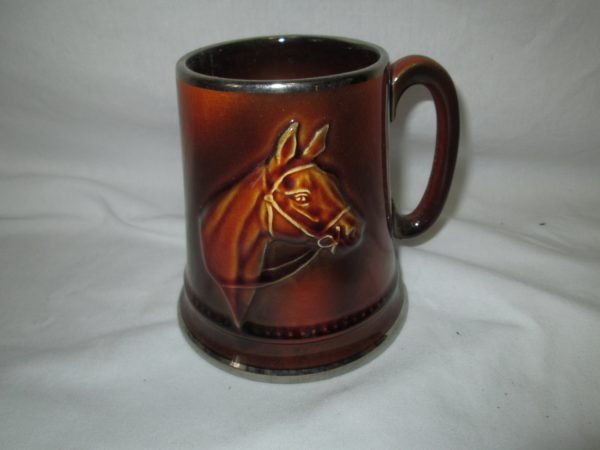 Sylvac Beer Stein Mug Polo Pony Horse Head England Pottery Vintage Silver Bands Mint Condition #2545