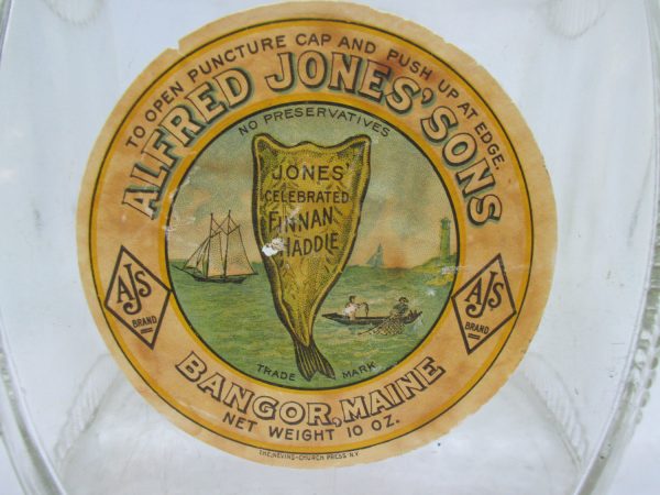 Vintage 1920's Alfred Jones' Sons FINAN HADDIE FISH Jar Bottle Bangor Maine original label metal lid ribbed glass kitchen oyster collectible