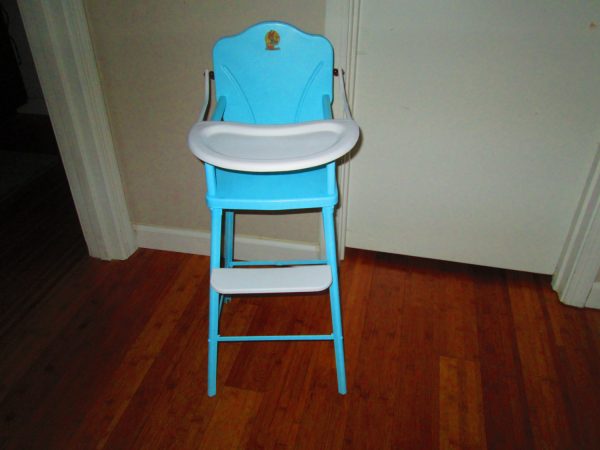 Vintage 1950's Aqua High Chair Baby doll hight chair all metal refurbished paint original label and decal