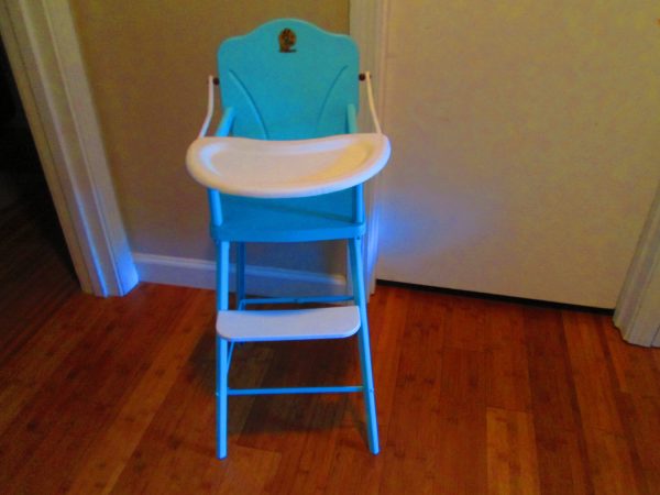 Vintage 1950's Aqua High Chair Baby doll hight chair all metal refurbished paint original label and decal