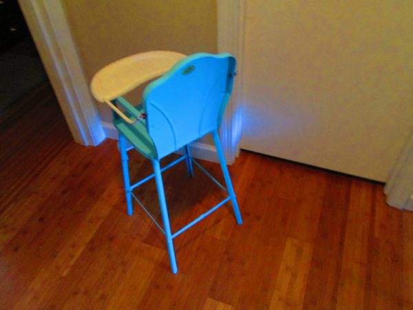 Vintage 1950's Aqua High Chair Baby doll hight chair all metal refurbished paint original label and decal