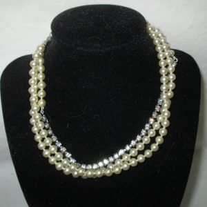Vintage 3 Strand Necklace Pearls with Rhinestones Large rhinestones on Hook clasp to adjust choker size