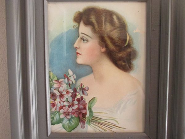 Vintage Art Deco Nouveau Woman Print Lithograph Framed under glass Gray wooden frame Beautiful woman litho collectible cottage victorian