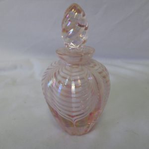 Vintage Art Glass perfume bottle with ground glass stopper Pink with white swirl pattern iridescent vanity dresser jar hand crafted