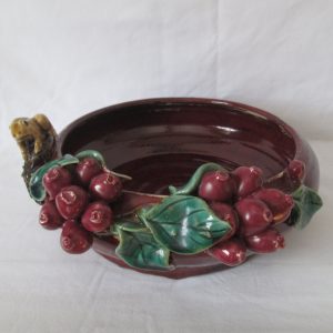 Vintage Artisan Made hand crafted pottery bowl with Frog and berries raised around the rim Very stunning pottery