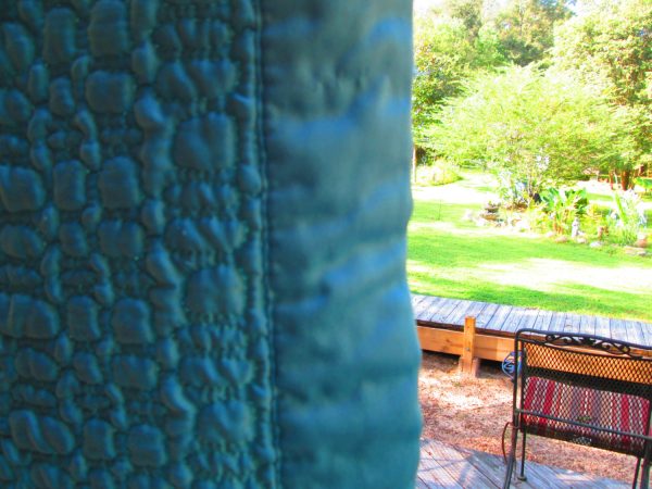 Vintage Beautiful Machine Stitched teal blue dark aqua Quilted full size blanket with satin trim 1950's