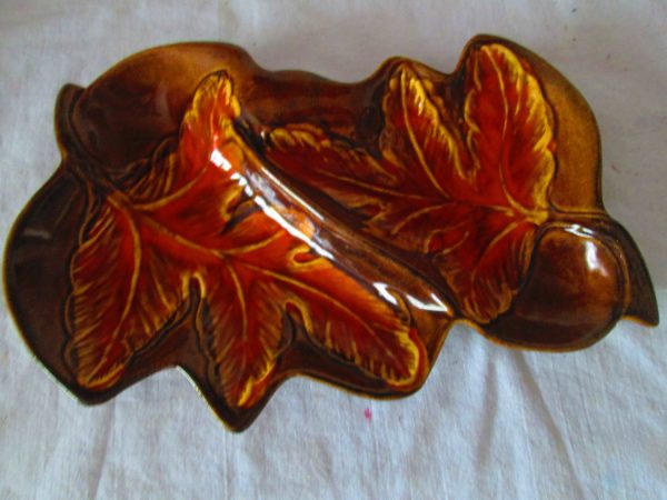 Vintage California Pottery Double Leaf Serving Snack Nut Dish Divided pottery dish USA
