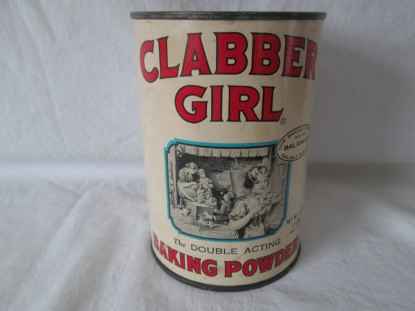 Vintage Clabber Girl Baking Powder Can Full 2 lbs Metal inset lid tin can advertising kitchen decor