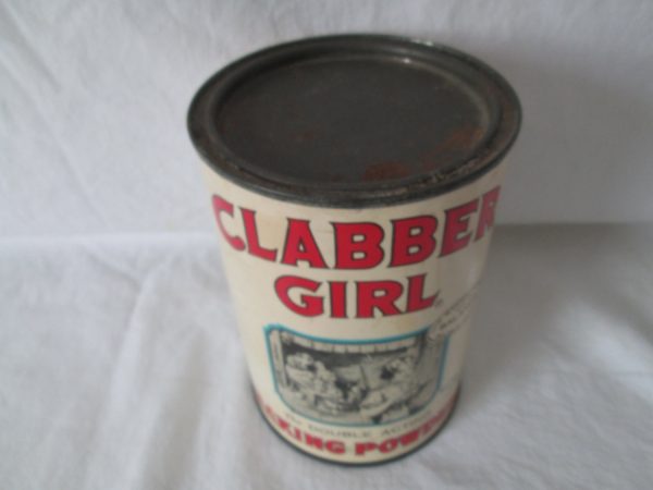 Vintage Clabber Girl Baking Powder Can Full 2 lbs Metal inset lid tin can advertising kitchen decor