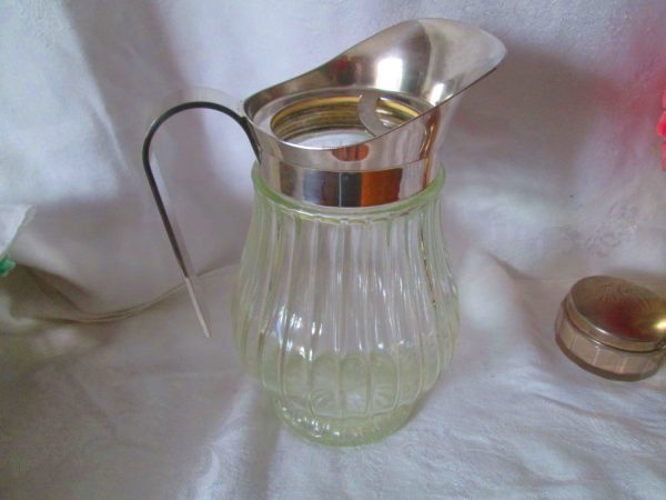 Vintage Clear glass ribbed pitcher with silverplate rim and handle ice cather spout perfect for the Holiday Table