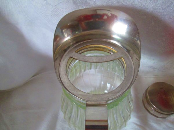 Vintage Clear glass ribbed pitcher with silverplate rim and handle ice cather spout perfect for the Holiday Table