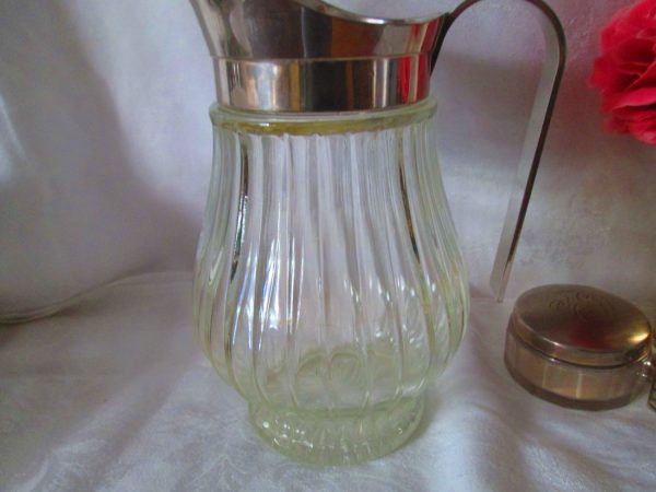 Vintage Clear glass ribbed pitcher with silverplate rim and handle ice cather spout perfect for the Holiday Table