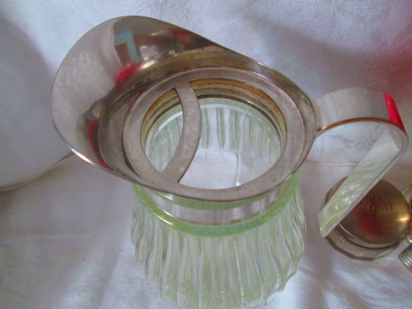 Vintage Clear glass ribbed pitcher with silverplate rim and handle ice cather spout perfect for the Holiday Table