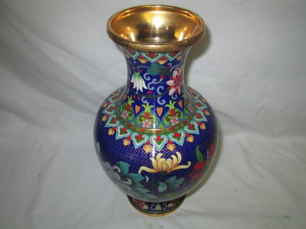 Vintage Cloisonne' on brass large Vase beautiful floral great shape 12 1/2" tall 21 1/2" around
