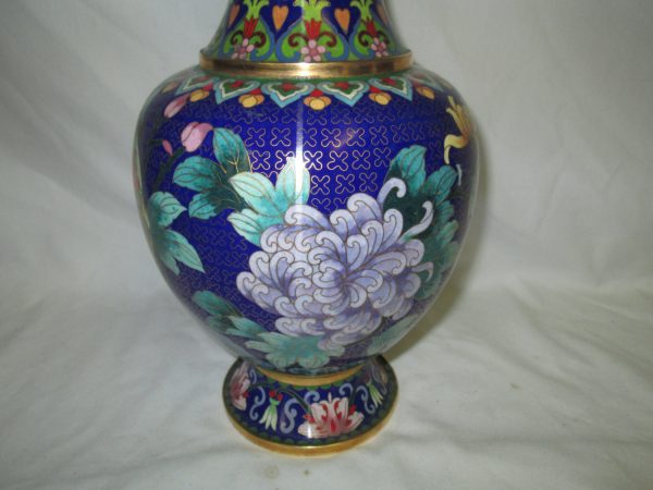 Vintage Cloisonne' on brass large Vase beautiful floral great shape 12 1/2" tall 21 1/2" around