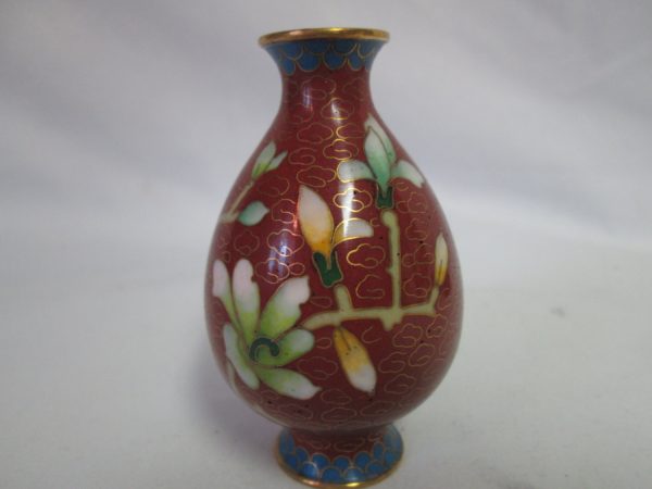 Vintage Cloisonne Vase Rust blue green yellow pink floral over brass Mid century 3" tall Miniature vase