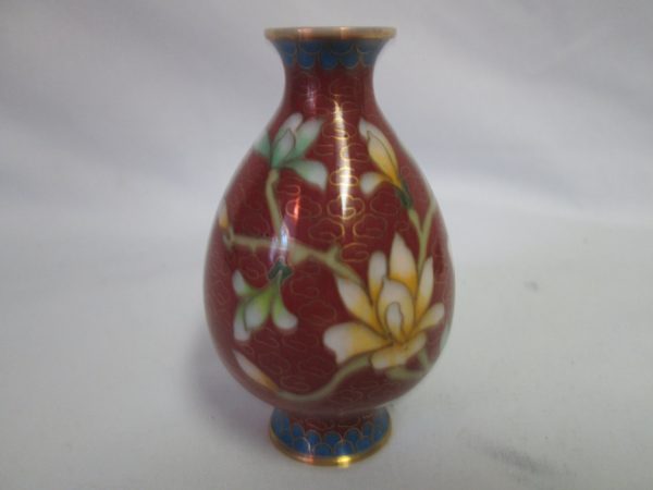 Vintage Cloisonne Vase Rust blue green yellow pink floral over brass Mid century 3" tall Miniature vase