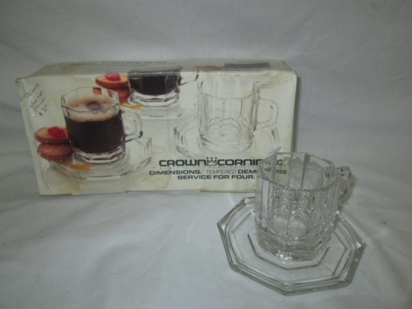 Vintage Corning Pyrex New Old Stock Unused Set of 4 Demitasse Cups and Saucers Modern Style 1984