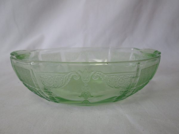 Vintage Depression Glass Serving Bowl handles orante raised pattern Uranium glass glows bright green Fruit Serving Dessert Bowl
