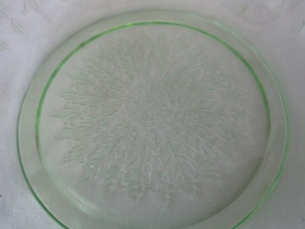 Vintage Depression Glass Serving Bowl handles orante raised pattern Uranium glass glows bright green Fruit Serving Dessert Bowl