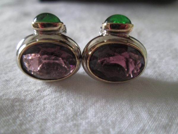 Vintage Earrings Amethyst and Emerald Silver and Gold