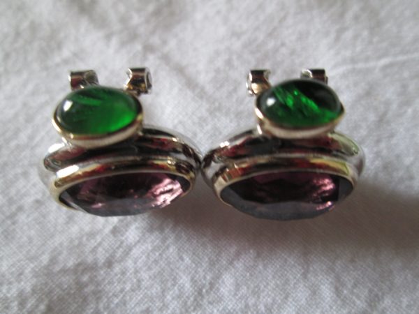 Vintage Earrings Amethyst and Emerald Silver and Gold