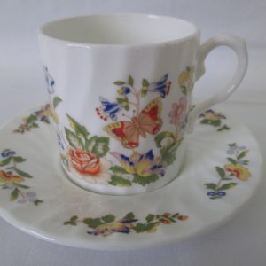 Vintage Fine China Demitasse Tea Cup & Saucer Aynsley Cottage Garden Butterflies flowers dark blue orange peach yellow pink