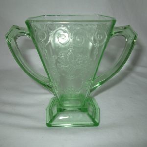 Vintage Green Uranium Glass double handle vase square with pattern glows bright green under black light