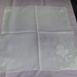 Vintage hand drawn cotton white on white appliqued floral hankie handkerchief embroidered scalloped