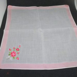 Vintage Hanky Handkerchief collectible display cottage cotton white with pink green embroidered flowers with bow pink edge shadow box 14x14