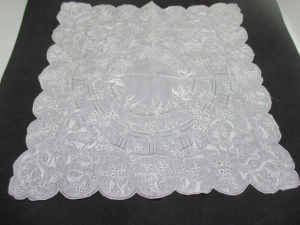 Vintage Hanky Handkerchief collectible display Wedding Bridal Heavily Embroidered Ornate detail light gray on white 12" x 12"