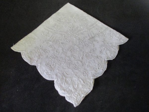 Vintage Hanky Handkerchief collectible display Wedding Bridal Heavily Embroidered Ornate detail light gray on white 12" x 12"
